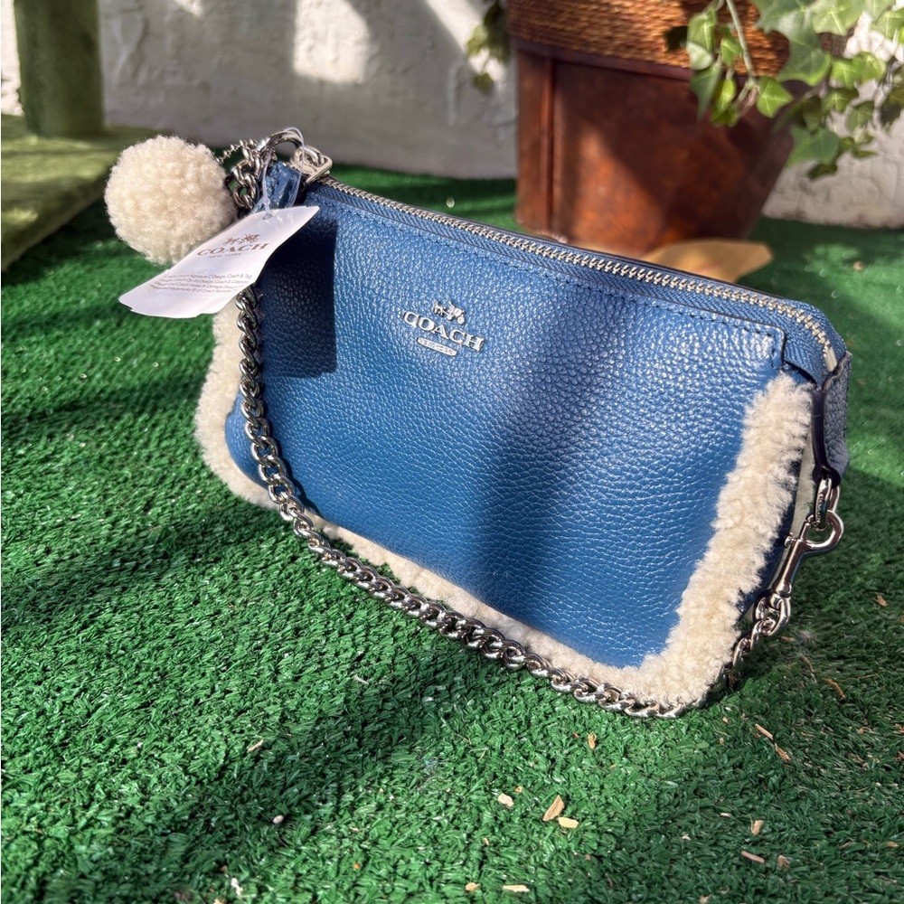 Coach Blue Leather Wristlet with Shearling Trim
